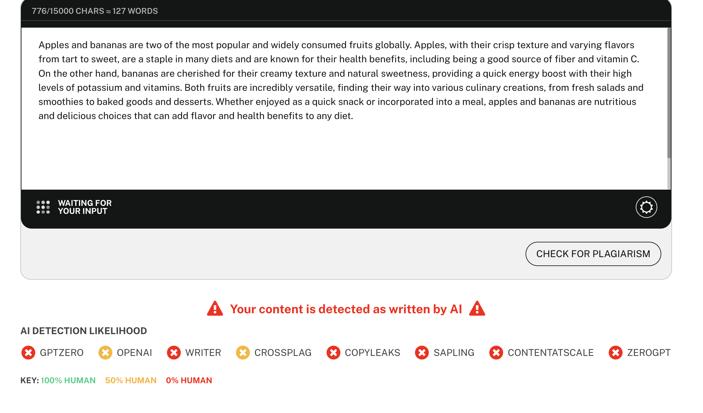 ChatGPT writing submitted to undetectable AI's AI Plagiarism Detector